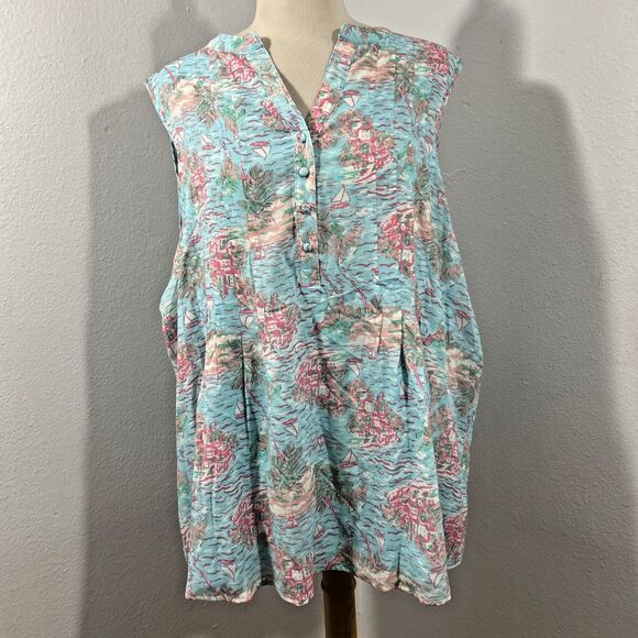 Kim Rogers Top Womens XXL Aqua Corivor Sleeveless‎ AOP Blouse - Picture 1 of 7